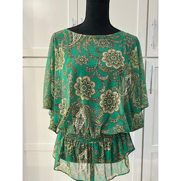 INC International Concepts Blouse Women's Sz L Green Paisley Peplum Short Sleeve - Picture 1 of 6